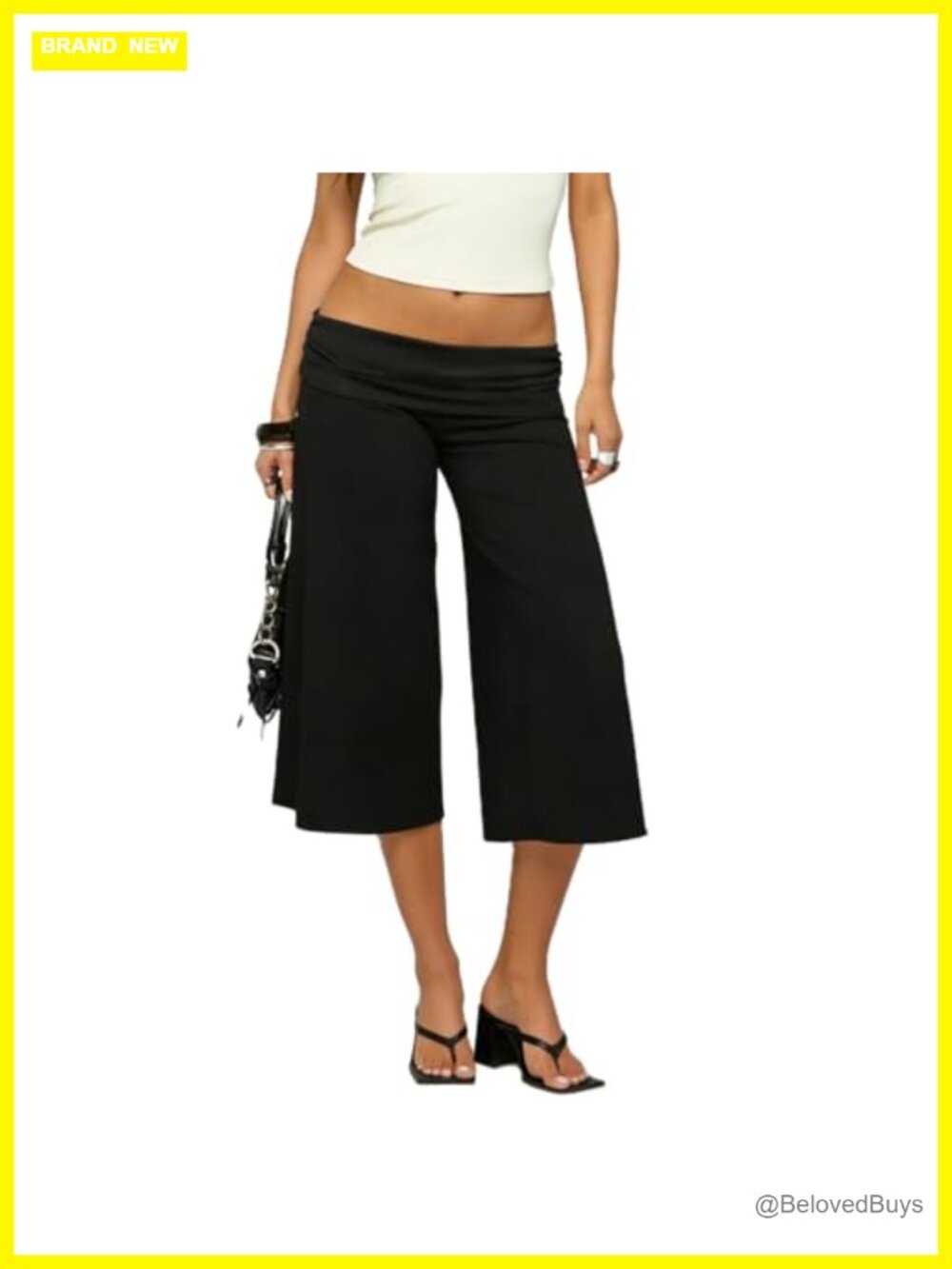 Women Fold Over Gaucho Pants Wide Leg Low Rise Cropped Lounge Capris